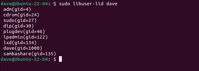 Using libuser-lid to show the groups that user dave is a member of