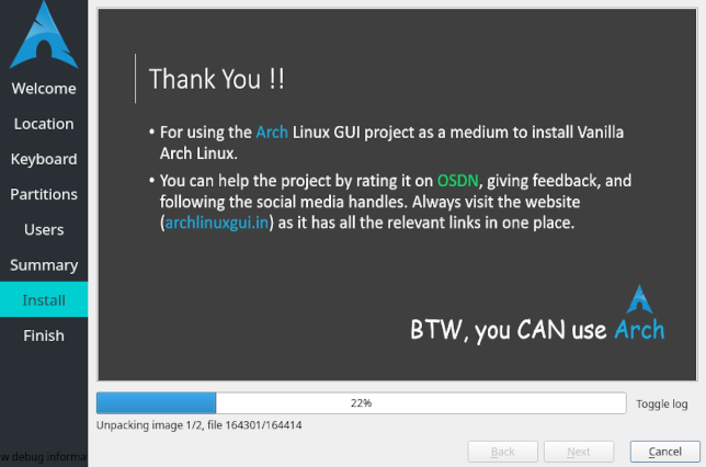 The Arch Linux Calamares installer information screen