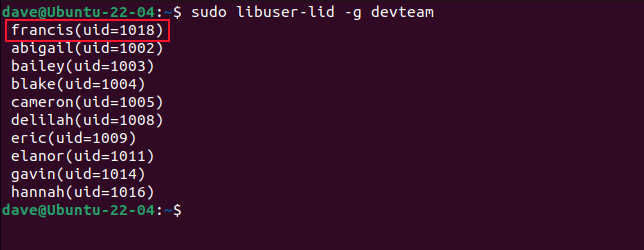 using libuser-lid to list the members of the devteam group