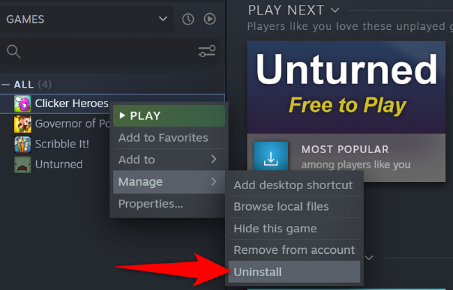 Select Manage > Uninstall in the menu.
