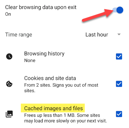 Toggle on &quot;Clear browsing data upon exit.&quot;