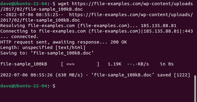 Output from the wget command downloading a Word document