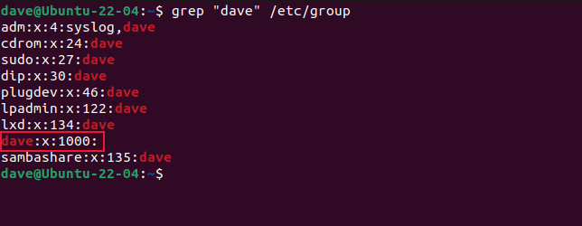 The list of groups that user dave is a member of