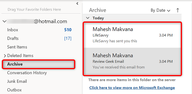 Select "Archive" to view archived emails.