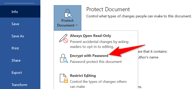 Select Protect Document > Encrypt with Password.