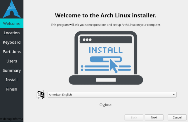 The Arch Linux Calamares installer first screen
