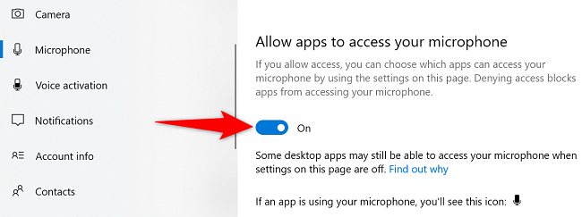 Enable the toggle to give mic access to apps.