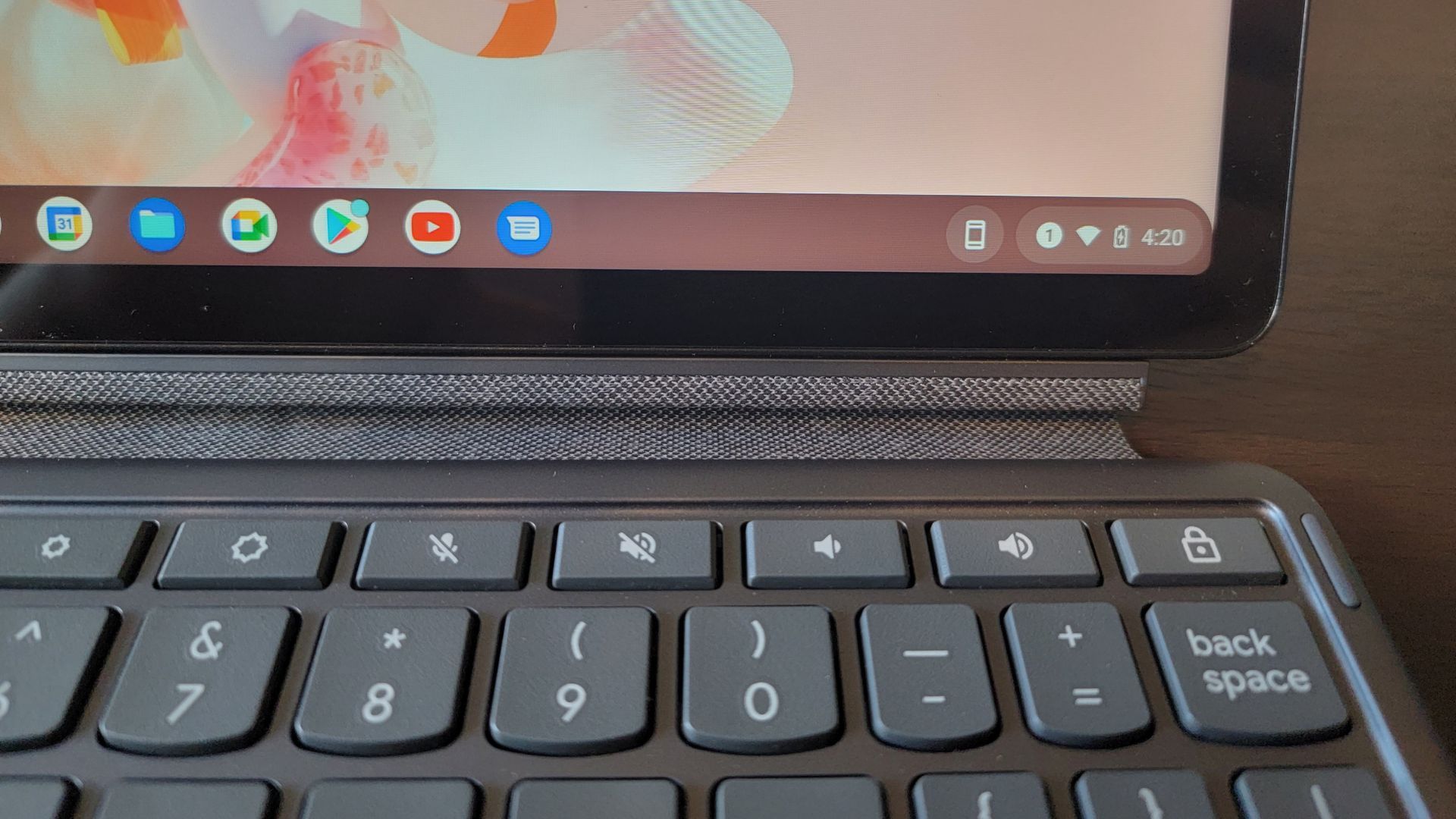 Lenovo Chromebook Duet 3 right side of keyboard and taskbar