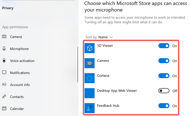 Grant or deny mic access to Microsoft Store apps.
