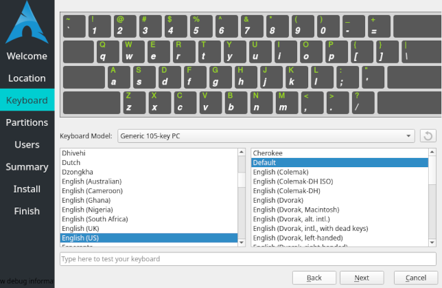 The Arch Linux Calamares installer keyboard layout screen