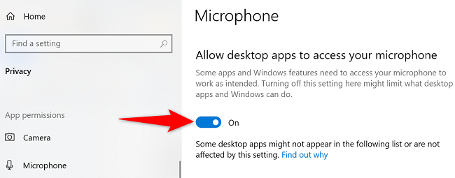 Manage mic settings for desktop apps.