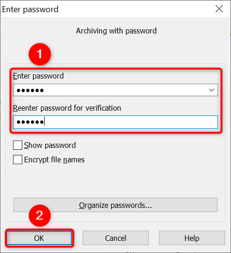 Set the ZIP password and click "OK."