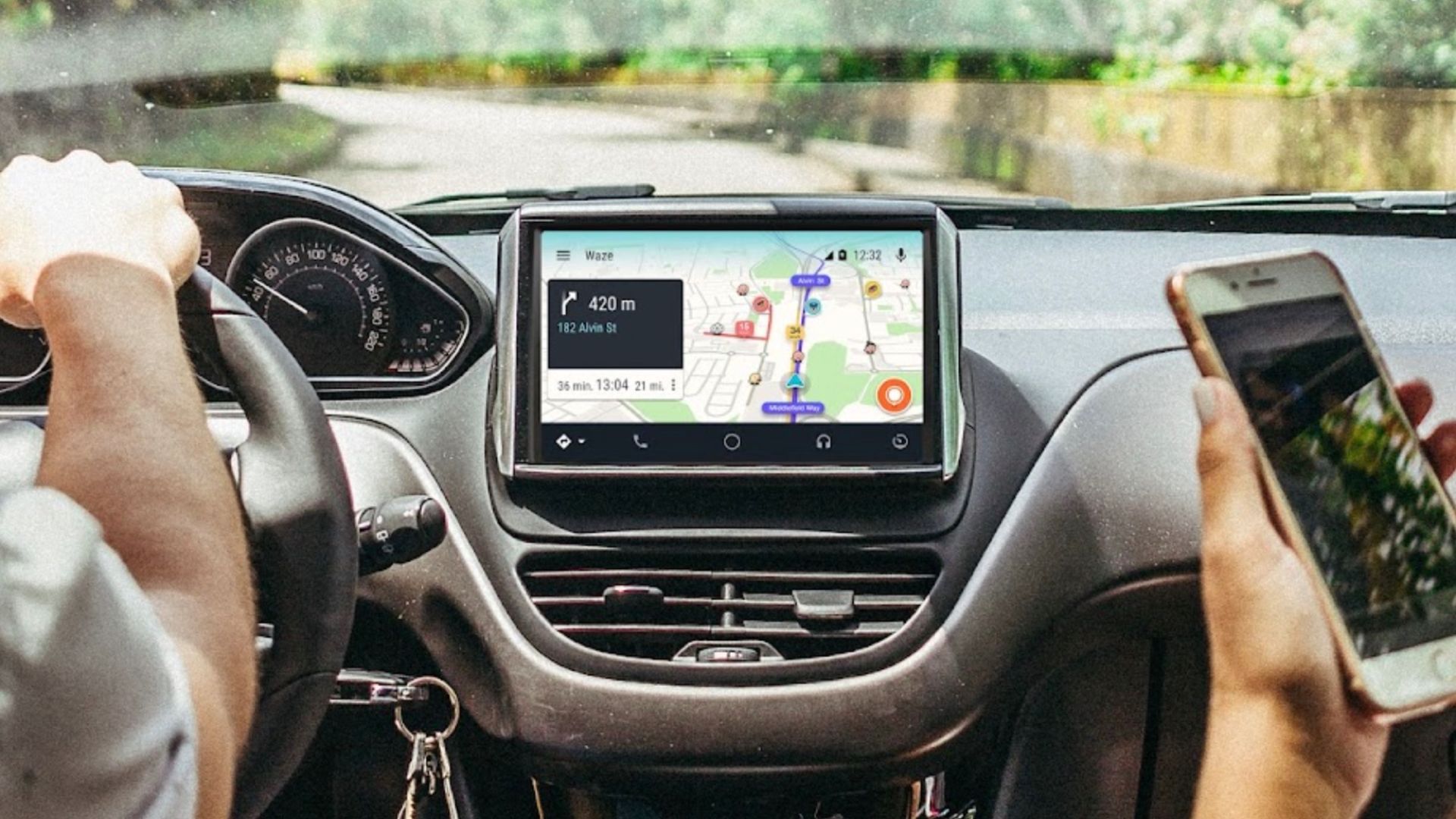 Waze running on a car infotainment screen. 