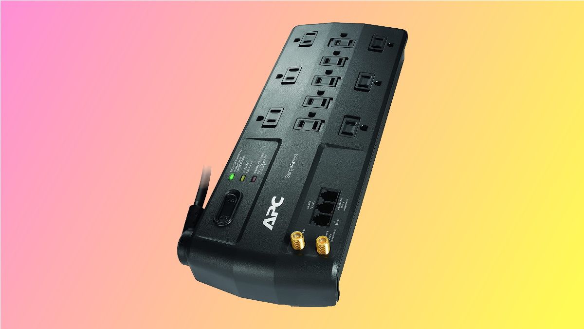 APC Surge Protector on pink and yellow background