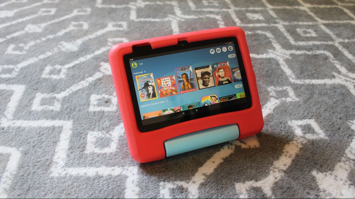 Amazon Fire 7 Kids tablet standing on surface using kickstand