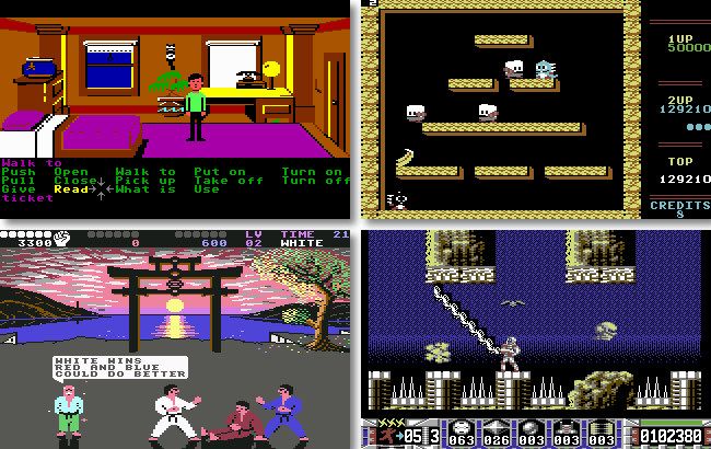 Four Commodore 64 game screenshots: Zak McKracken, Bubble Bobble, IK+, and Turrican
