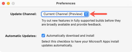 Office Insider Program channel selection on Mac