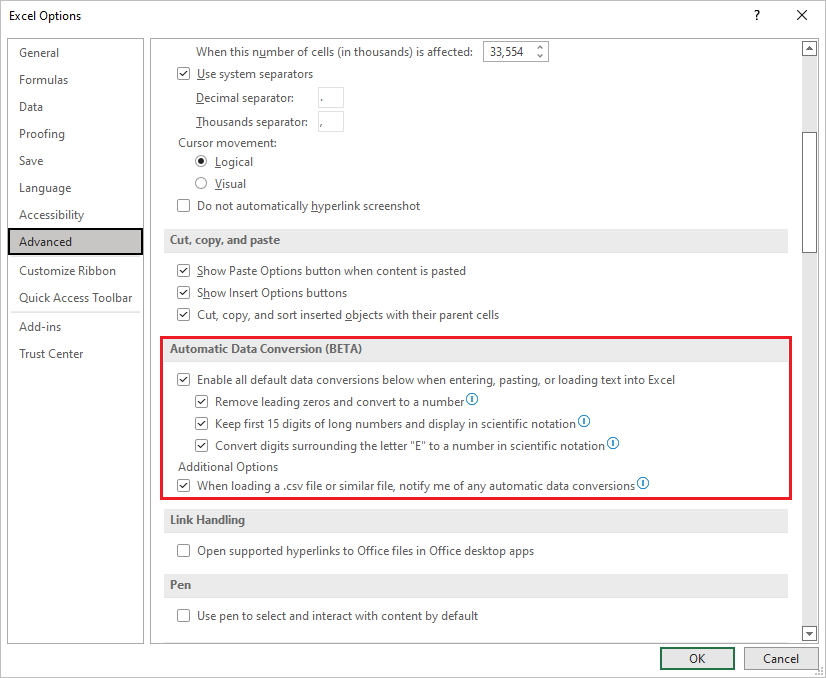 Automatic Data Conversion settings in Excel