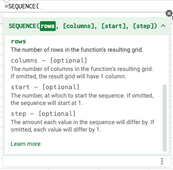 SEQUENCE function syntax in Google Sheets