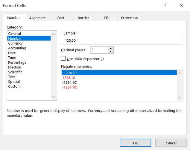 Number options in the Format Cells window