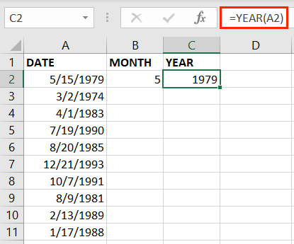 YEAR function to obtain the year from a date