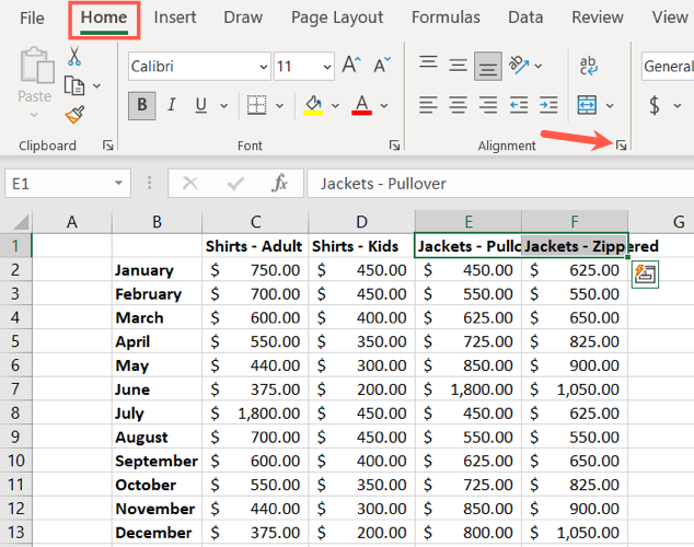 Selected cells and Alignment arrow in Excel