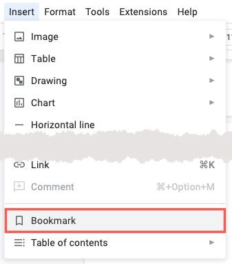 Bookmark in the Insert menu