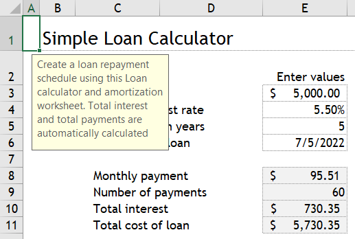 Simple Loan Calculator template with a tool tip