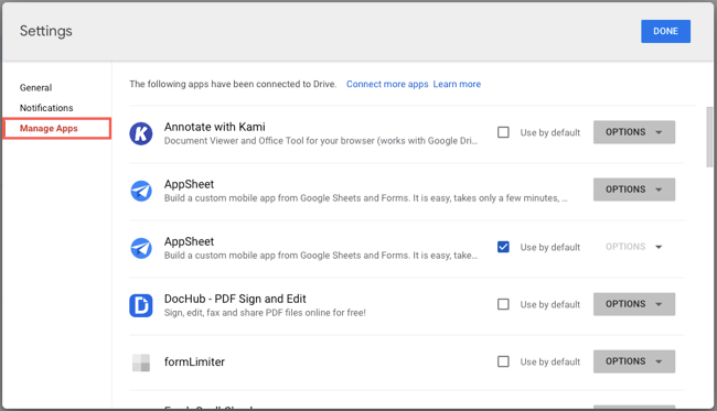 Manage Apps in the Google Drive settings