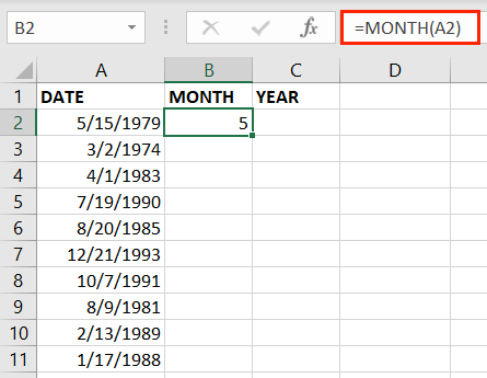 MONTH function to obtain the month from a date