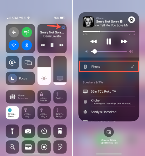 iPhone in AirPlay list in the Control Center