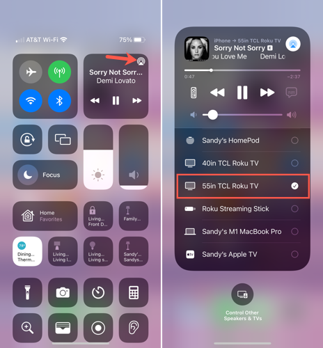AirPlay icon for music on the iPhone Control Center