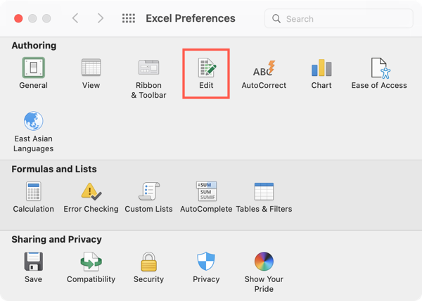 Edit in Excel Preferences on Mac
