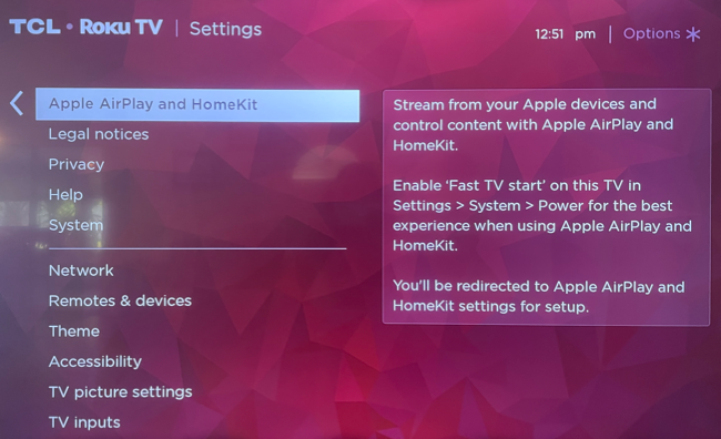 AirPlay and HomeKit in the Roku Settings menu