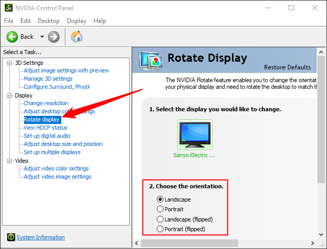 Click "Rotate Display" on the left-hand side, then select the orientation you want.