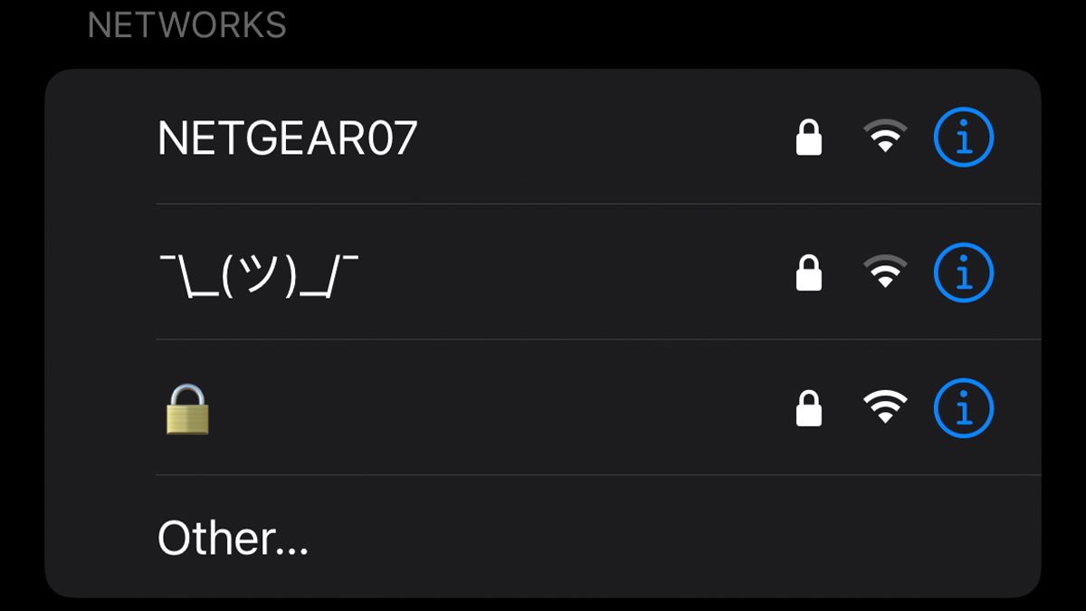 Examples of Wi-Fi names with unconventional name structures, seen on an iPhone.