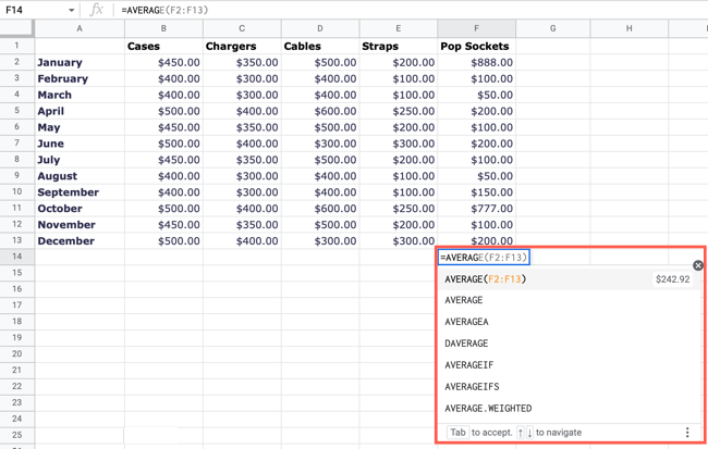 Formula suggestions in Google Sheets