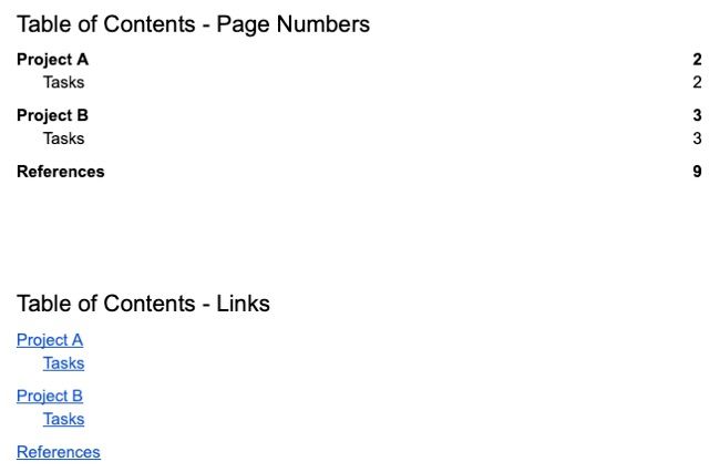 Tables of contents in Google Docs
