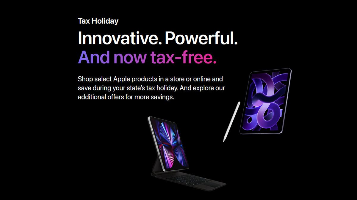 An advertisement promoting Apple's participation in state tax-free holidays.