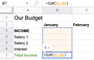 SUM function for the income total