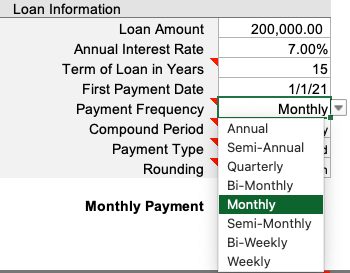 Dropdown boxes for additional loan details