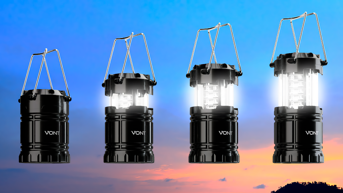 Four Vont LED Camping Lanterns suspended in the sky