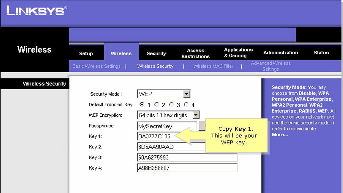 Example of an old Linksys Wi-Fi router interface, showcasing WEP keys.