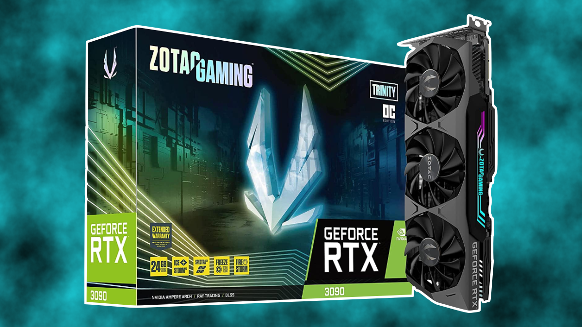 ZOTAC GeForce RTX 3090 GPU product image on a colorful cloudy background