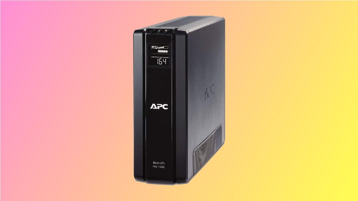 APC surge protector on pink background