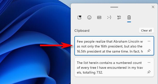 Click an item in the clipboard history list to paste it into an app.