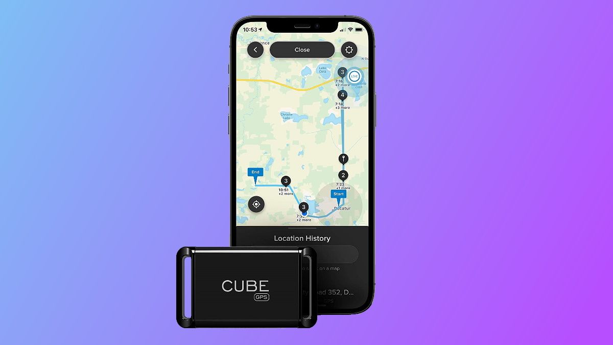Cube GPS tracker on blue and purple background