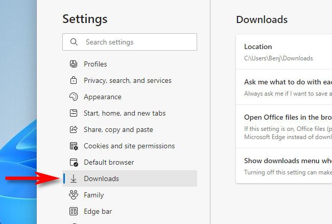 When the Settings tab opens, click &ldquo;Downloads&rdquo; in the sidebar.