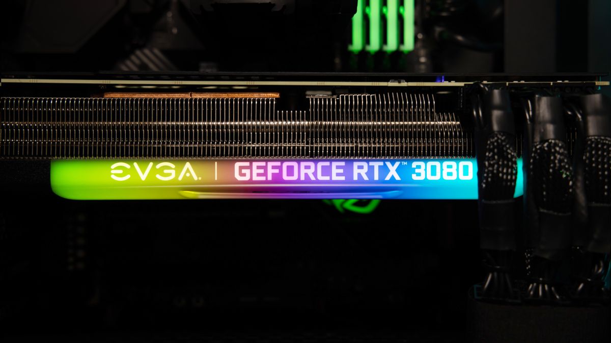 EVGA Geforce RTX 3080 FTW3 graphics card installed on a mainboard.