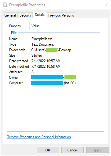 Windows 10 Properties window displaying some metadata about a file.